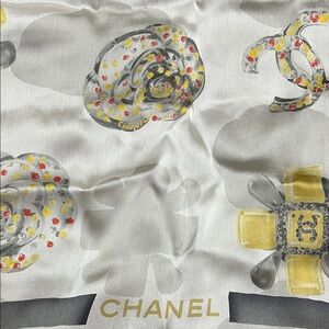 Chanel White and Gold Silk Scarf with Iconic Motifs